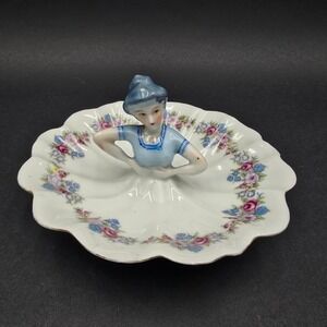 Vintage Ucagco China Porcelain Half Doll Trinket Dish Blue Floral Made in Japan